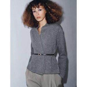 Zara 100% WOOL BELTED JACKET Cardigan Sweater Black Label Gray Office Size Small